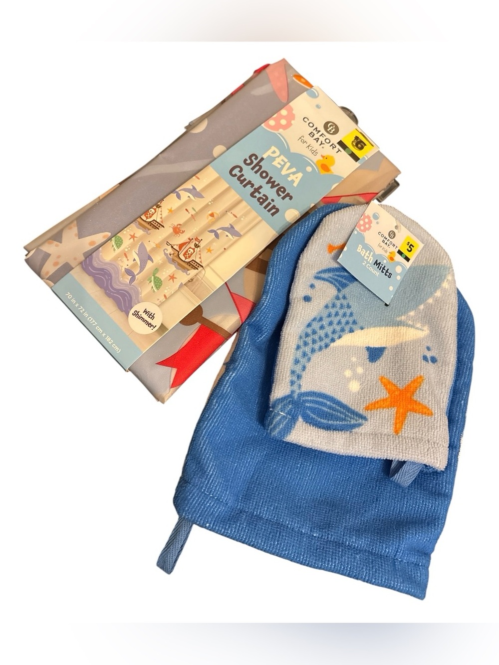 Comfort Bay Kids PEVA Shower Curtain and Bath Mitts